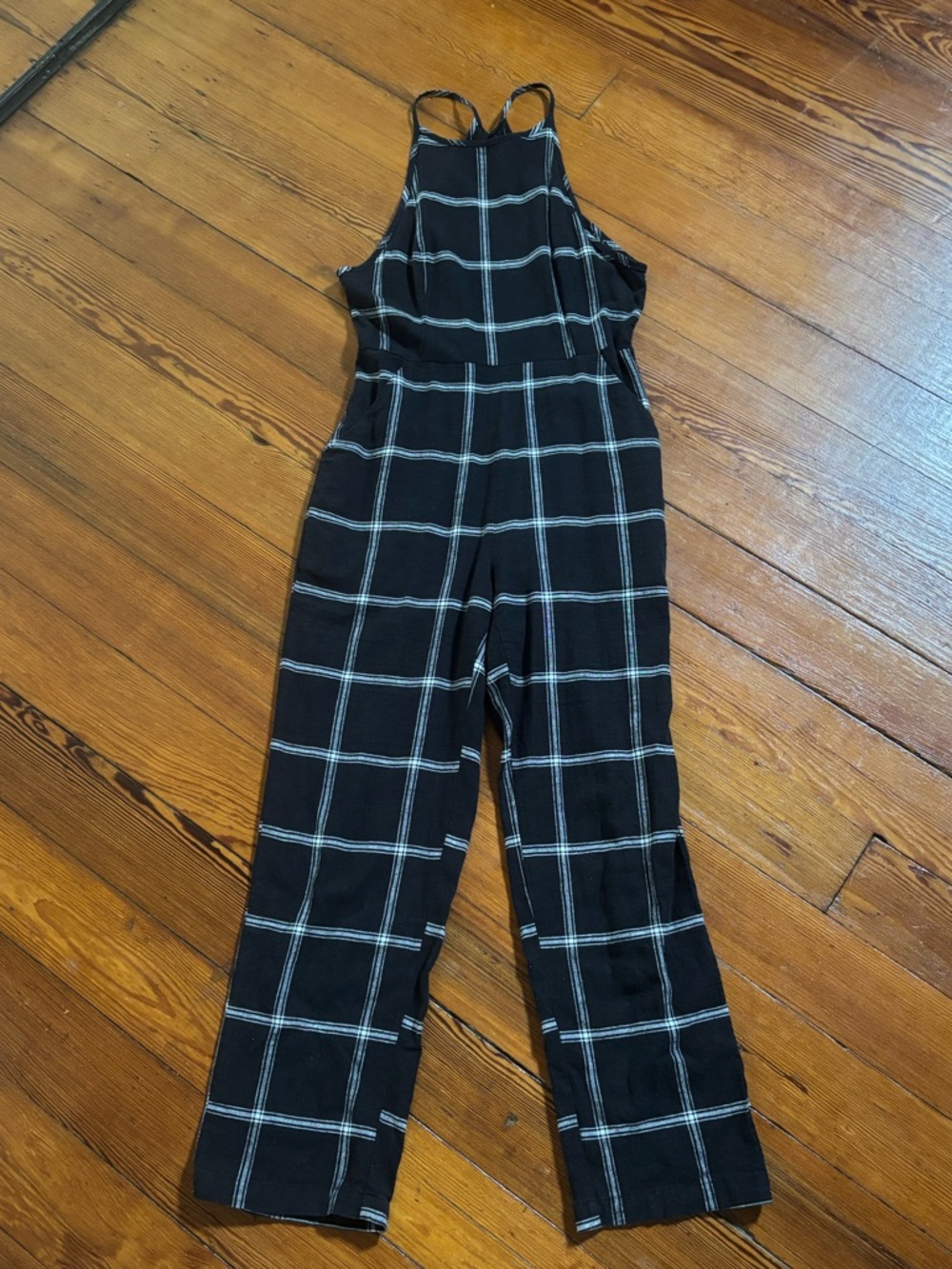 Urban Outfitters Black Windowpane Strappy Halter Jumpsuit